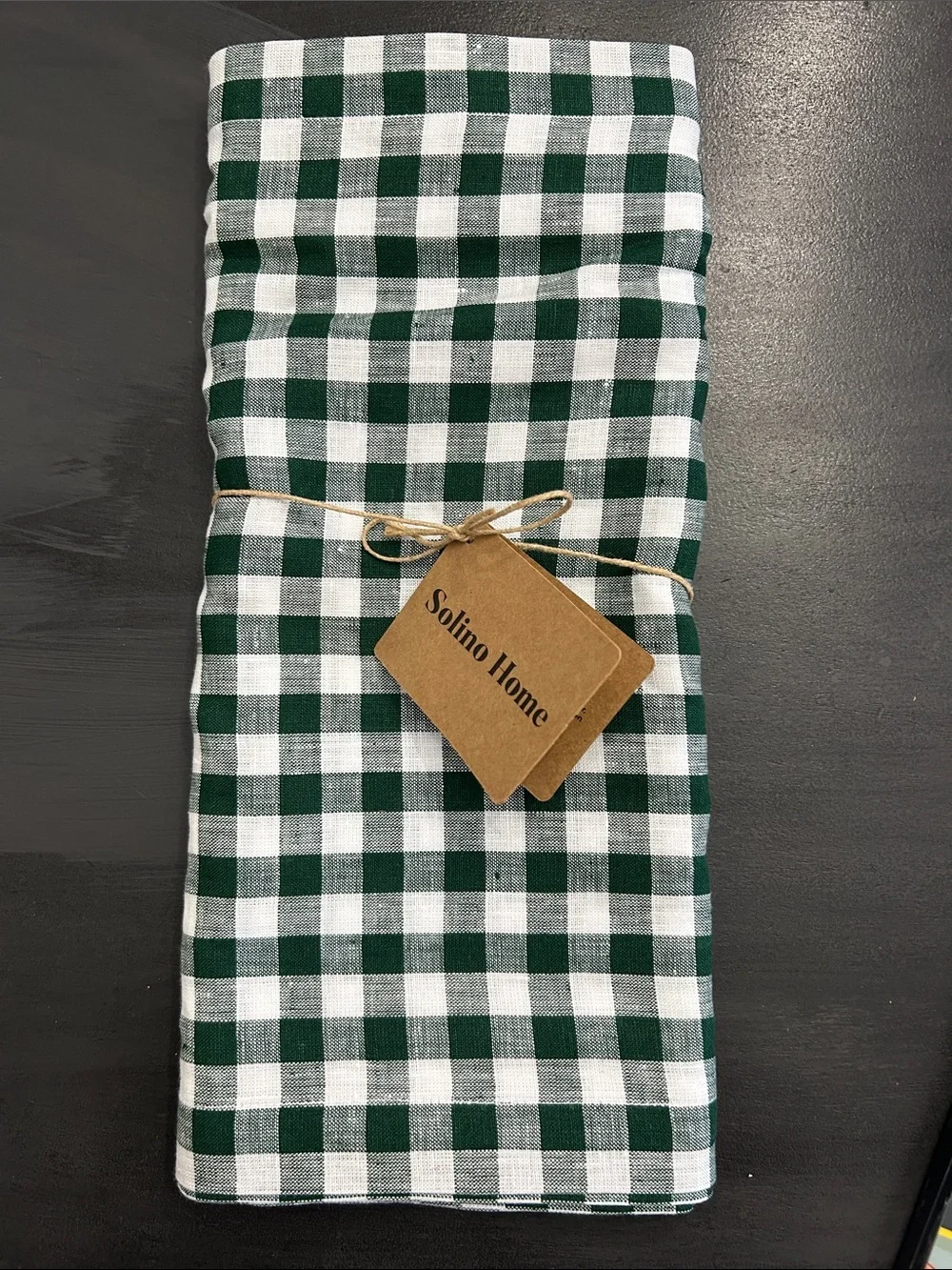 NWT 100% Linen Green and White Gingham Long TableRunner 14”x108”